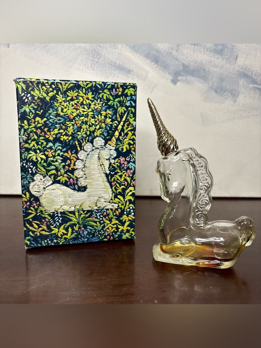 Vintage Avon Unicorn Perfume Cologne Decanter Almost Empty Brocade Original Box